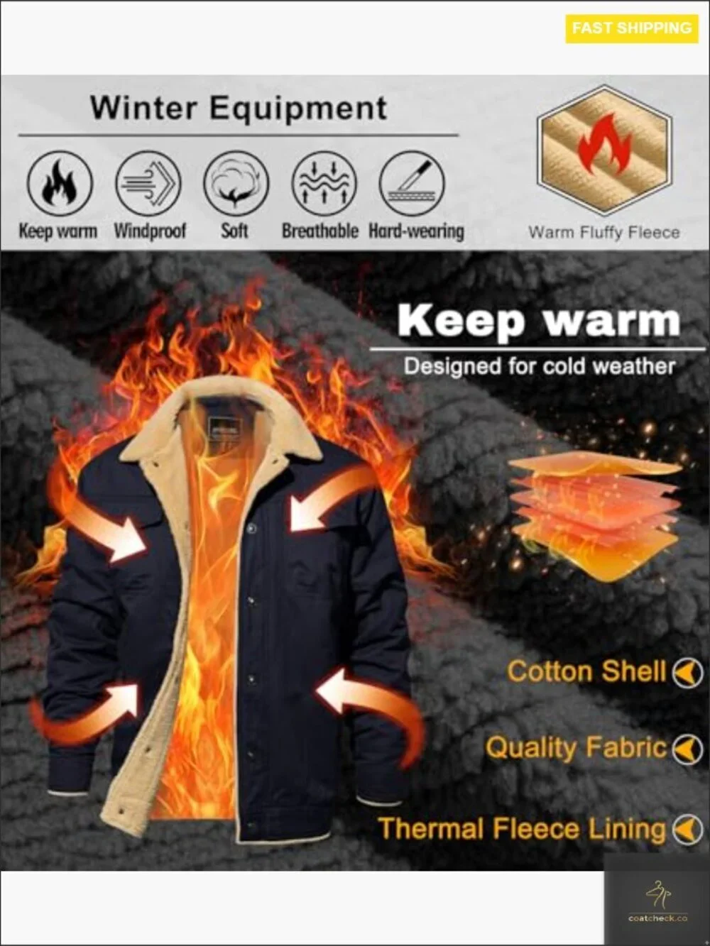 Men's Thermal Winter Jacket Fleece Lined Cargo Work Coat Warm Cotton Sherpa